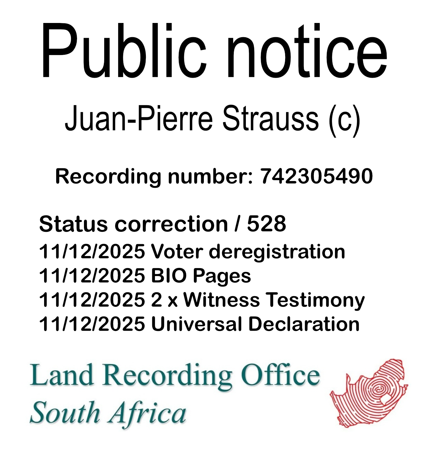 Public notice Juan-Pierre Strauss Recording number 742305490
